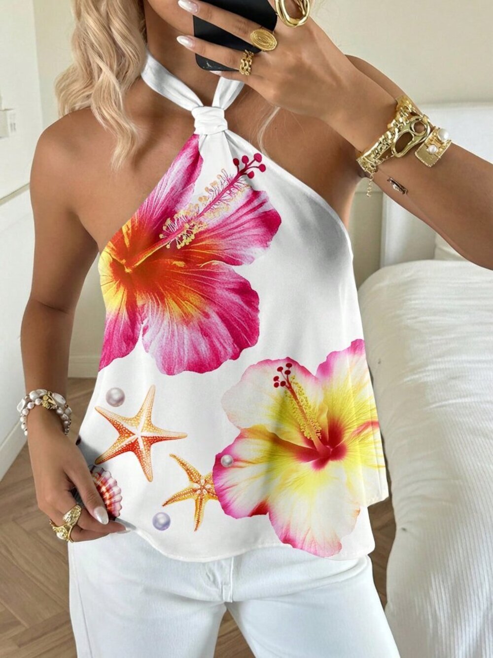 Multicolor Boho Women's Hibiscus Floral Shell Starfish Print Halter Top